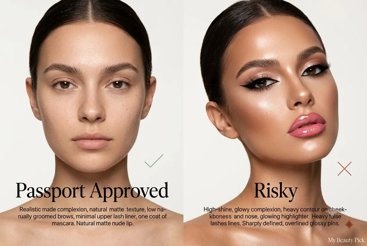 Side by side comparison of passport approved natural makeup versus a risky heavy contoured makeup look