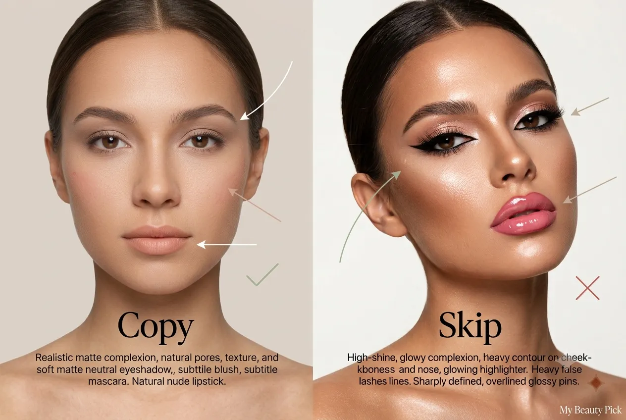 Arrows highlighting which natural makeup details to copy and which heavy makeup details to skip for a passport photo
