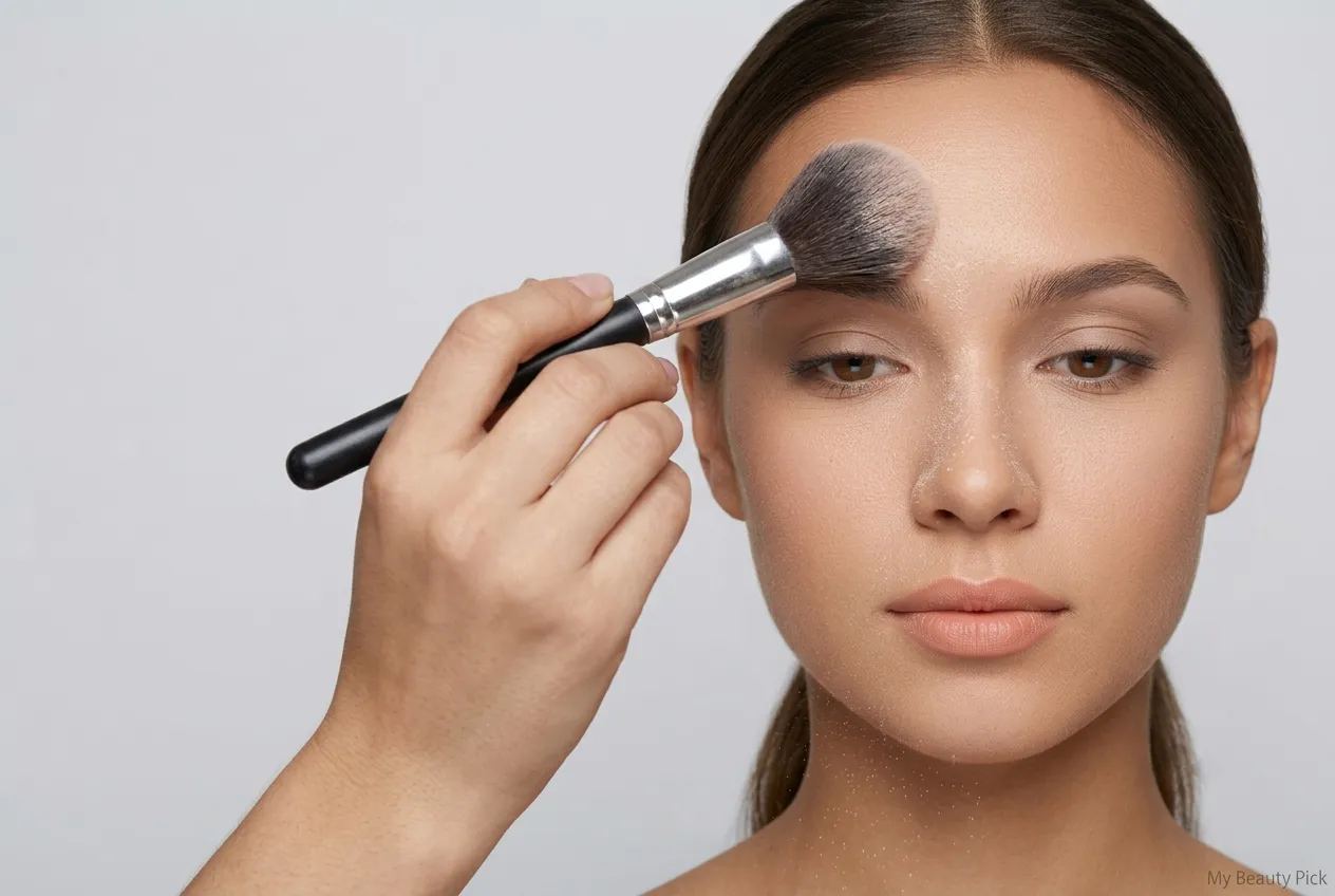 Woman applying matte translucent setting powder with a brush to prevent flashback in a passport photo