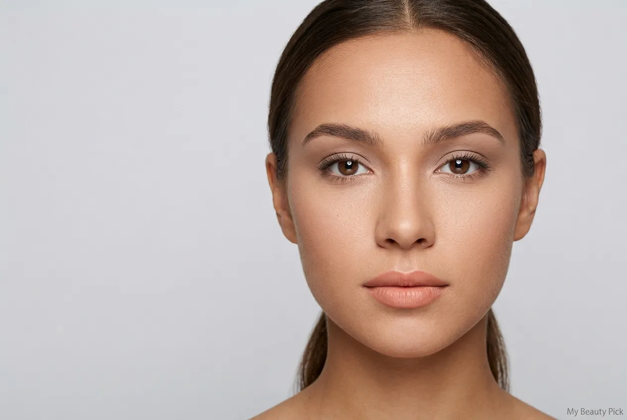 Close up of natural matte passport photo makeup with groomed brows and even skin tone