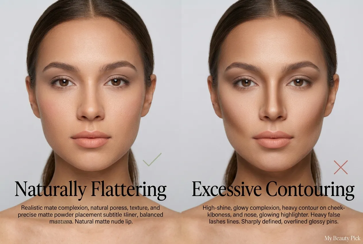 Comparison of naturally flattering light makeup versus excessive contouring for a passport photo