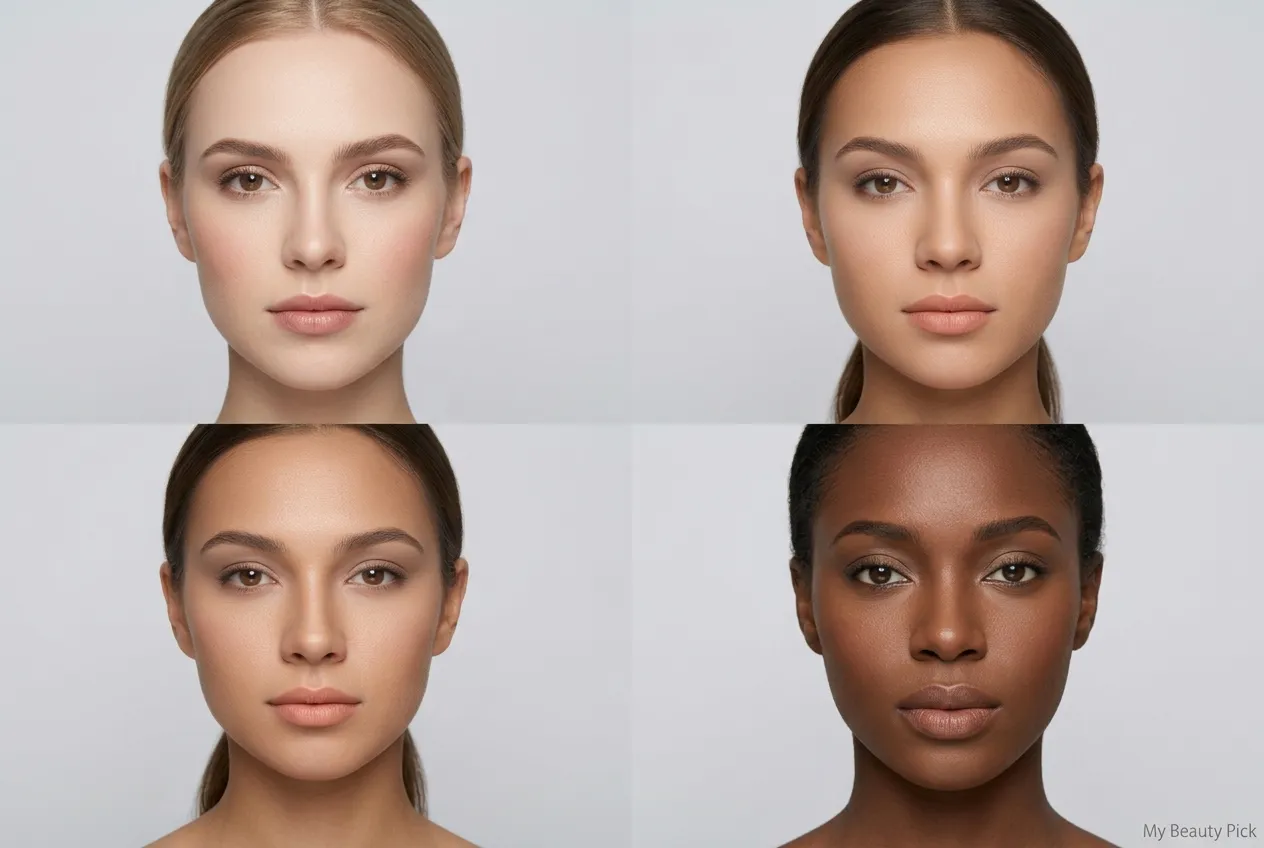 Four different skin tones wearing natural matte passport photo makeup