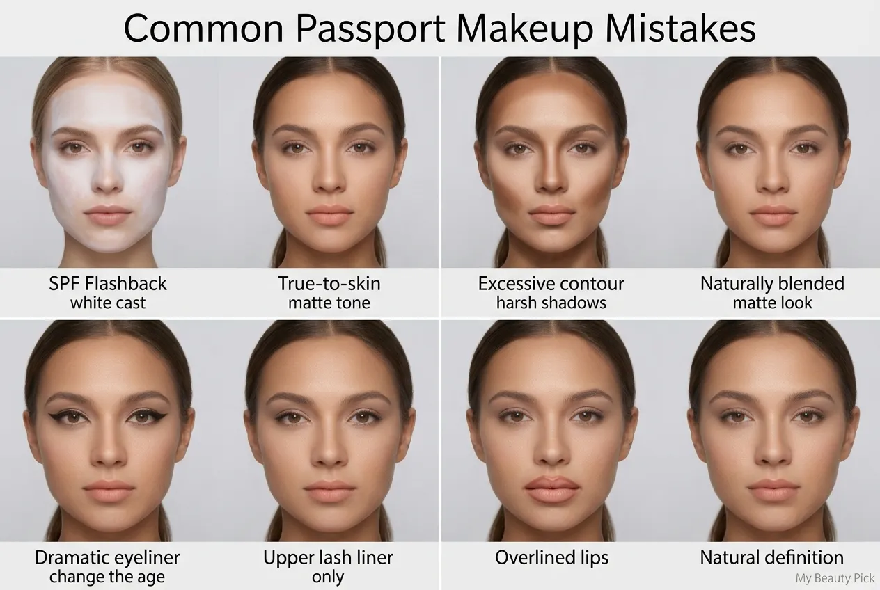Grid showing common passport makeup mistakes including SPF flashback, excessive contour, and overlined lips