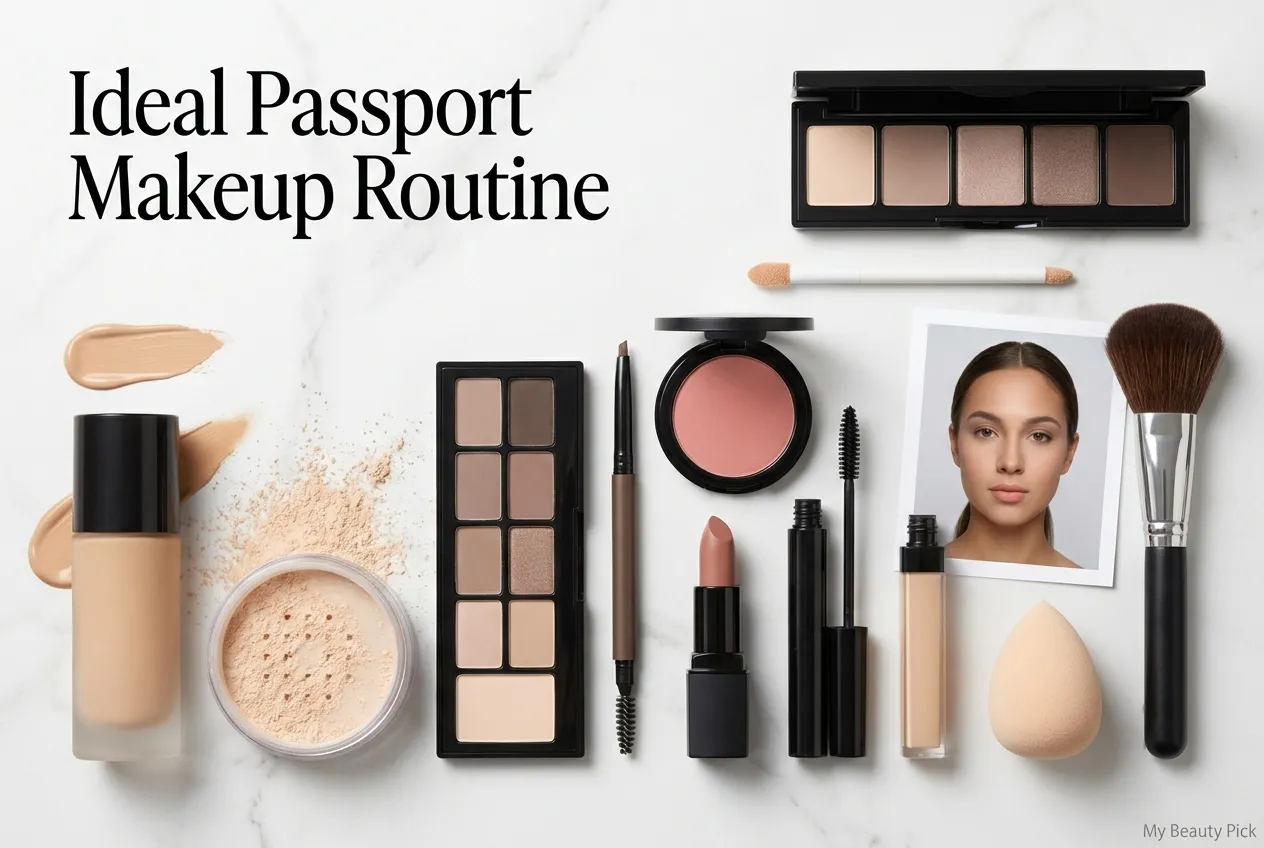 Flatlay of ideal passport makeup routine products including foundation, powder, blush, and mascara