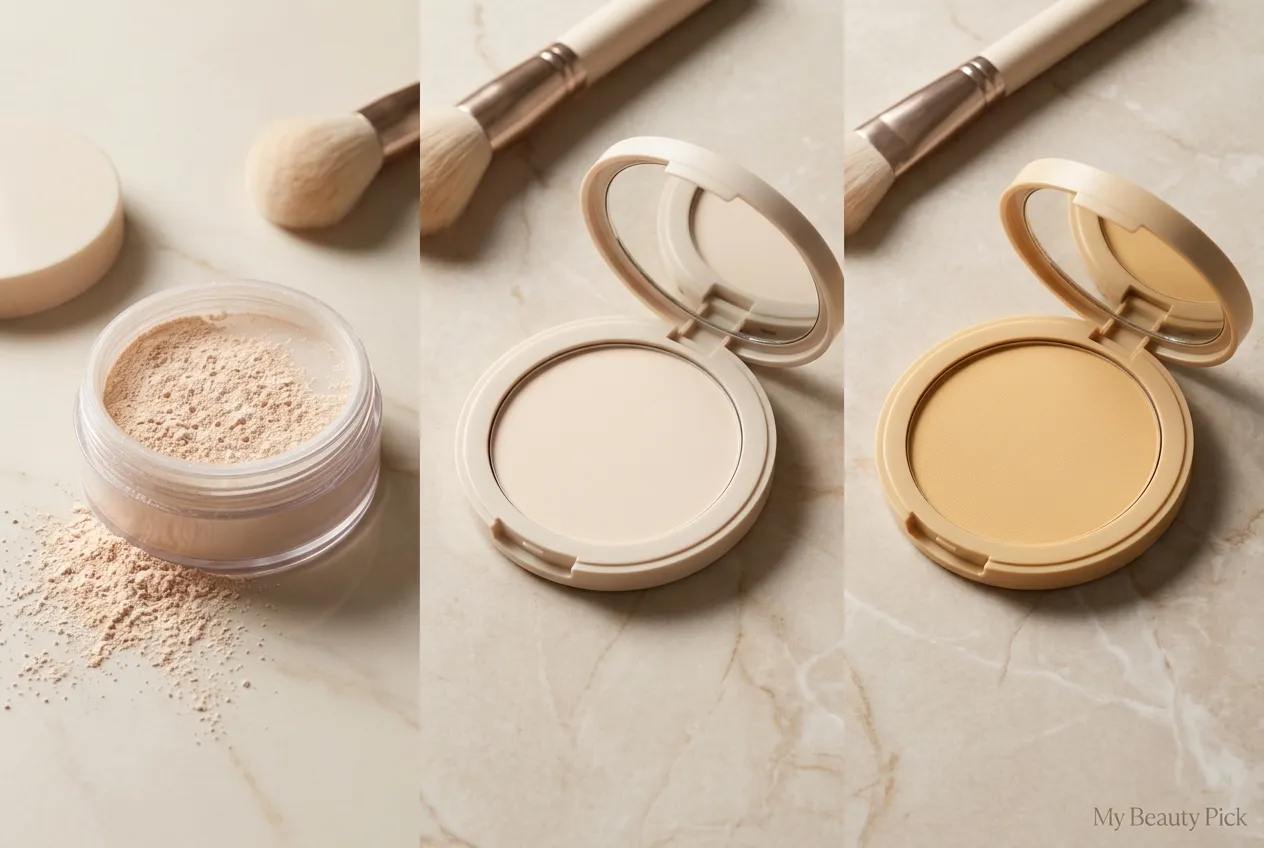 Loose translucent powder, pressed powder and banana powder comparison