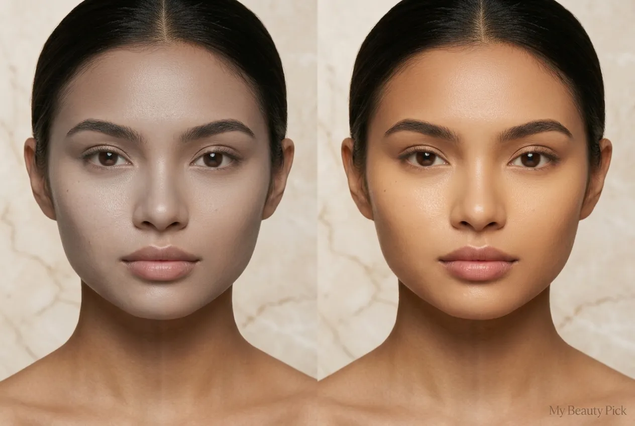 Banana powder compared with white translucent powder on tan skin