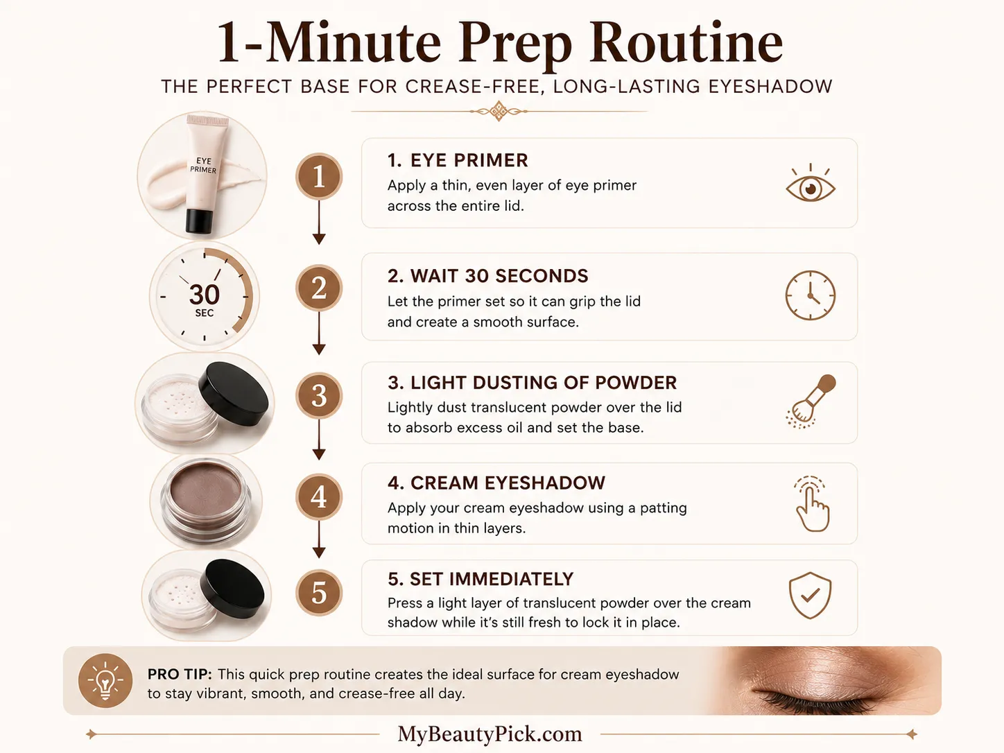 Best cream eyeshadow for mature eyes 6 1-minute eyeshadow prep routine — eye primer, wait 30 seconds, dust translucent powder, apply cream shadow, set immediately