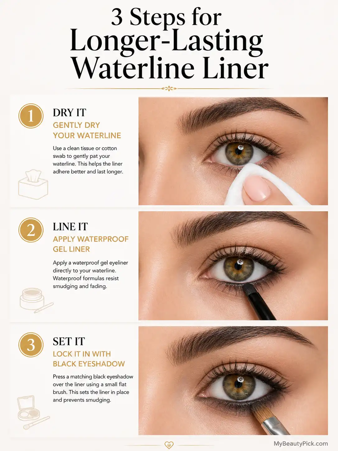 Best Gel Eyeliner for Waterline: Long-Lasting Picks That Actually Stay 3 Three steps for longer-lasting waterline liner: dry it, line it, set it