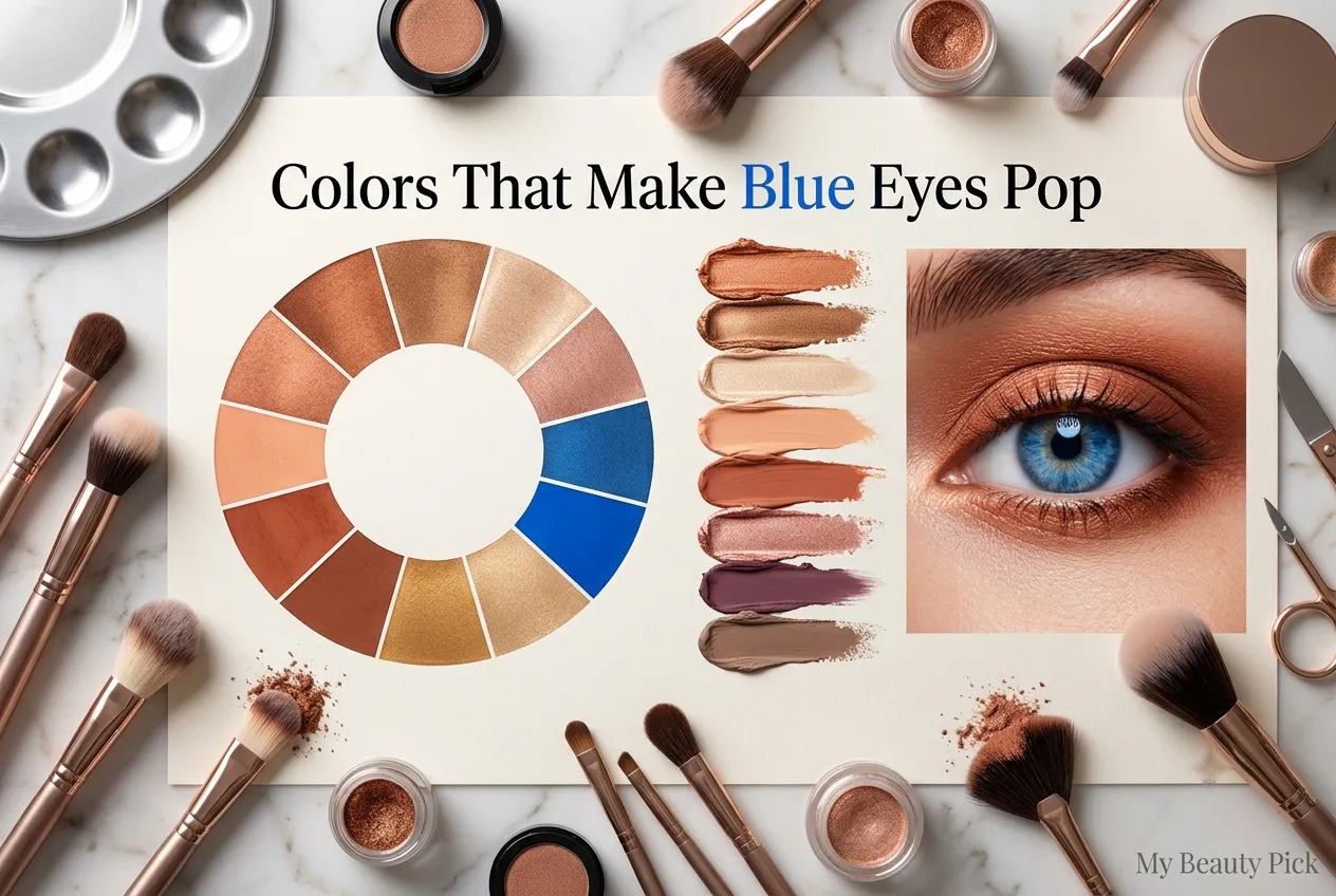 Best Eyeshadow for Pale Skin and Blue Eyes: Expert Color Guide 2 Color wheel and eyeshadow swatches showing which shades make blue eyes pop on pale skin