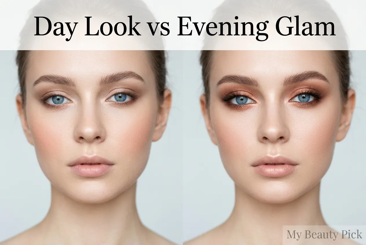 Best Eyeshadow for Pale Skin and Blue Eyes: Expert Color Guide 5 Pale blue-eyed model showing soft daytime eyeshadow look versus dramatic copper evening glam