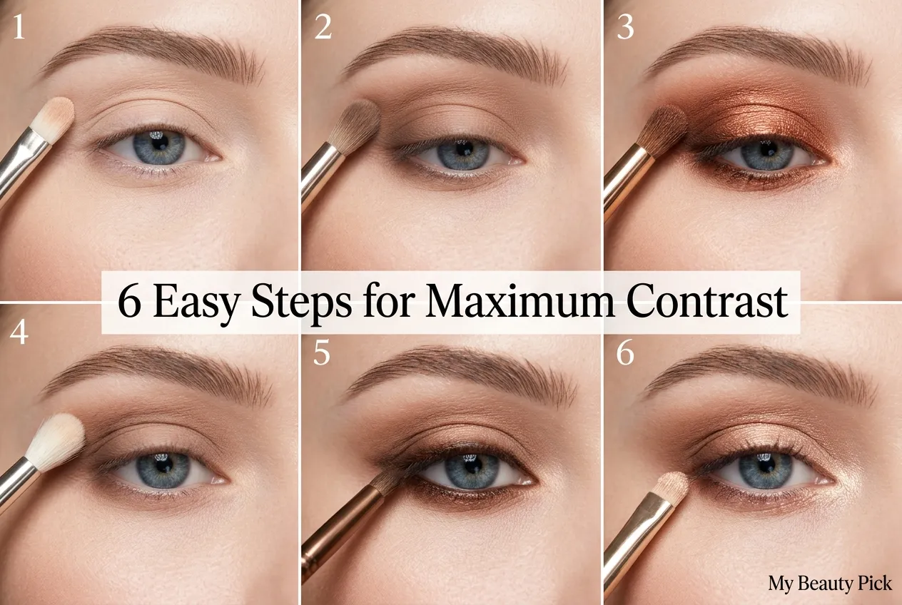Best Eyeshadow for Pale Skin and Blue Eyes: Expert Color Guide 7 Six-step eyeshadow tutorial showing how to build contrast on pale skin with blue eyes using copper tones