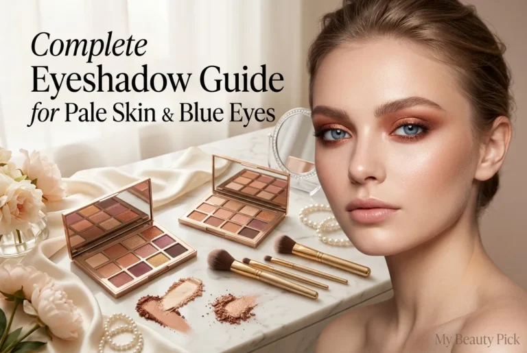 Best Eyeshadow for Pale Skin and Blue Eyes: Expert Color Guide 14 Woman with blue eyes and copper eyeshadow next to warm eyeshadow palettes for pale skin
