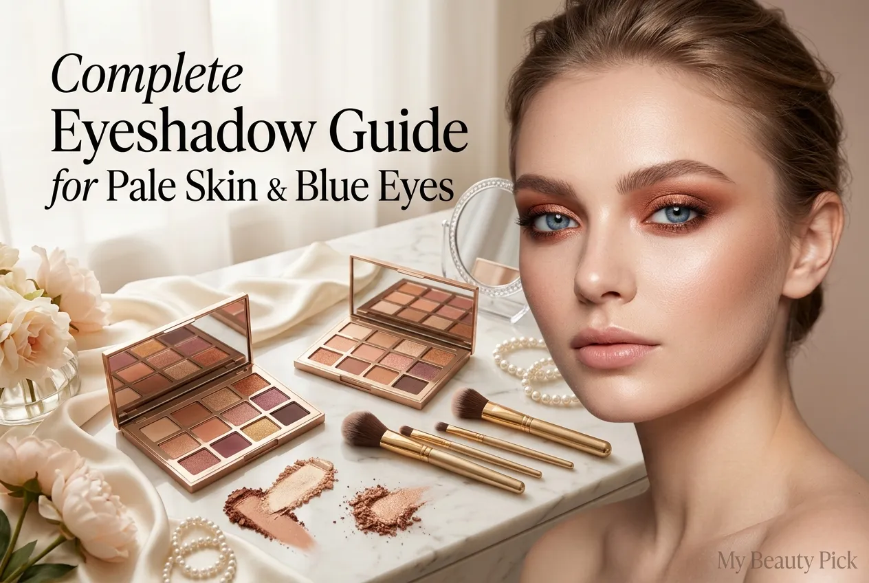 Best Eyeshadow for Pale Skin and Blue Eyes: Expert Color Guide 9 Woman with blue eyes and copper eyeshadow next to warm eyeshadow palettes for pale skin