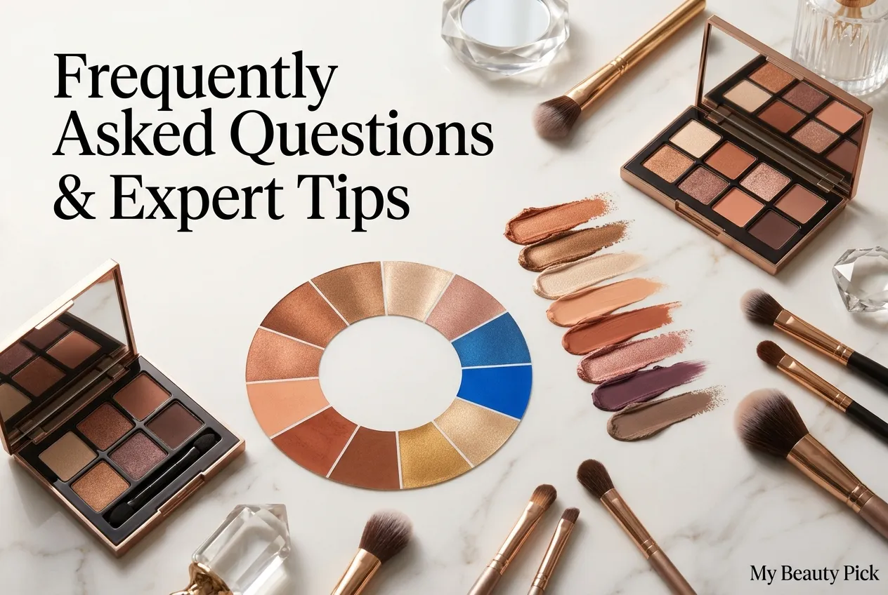 Best Eyeshadow for Pale Skin and Blue Eyes: Expert Color Guide 8 Color wheel and eyeshadow swatches with brushes illustrating expert tips for blue-eyed pale skin