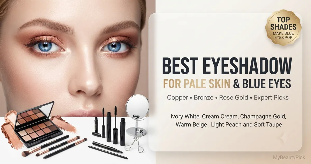 Best Eyeshadow for Pale Skin and Blue Eyes: Expert Color Guide 6 Pale skin blue-eyed model wearing copper eyeshadow with list of top shades including champagne gold and warm beige