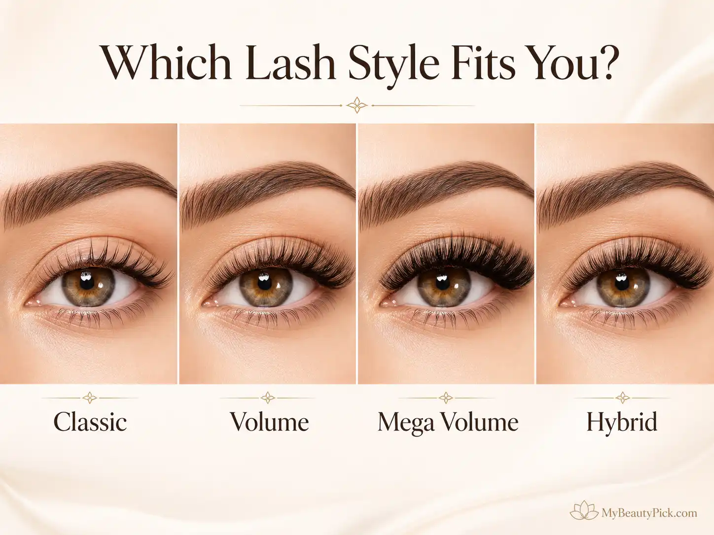 Best Lashes for Lash Extensions: Types, Styles, and What to Ask For 4 Comparison of classic, volume, mega volume, and hybrid lash extension styles