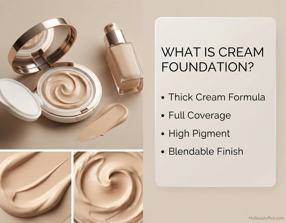 What is cream foundation: thick formula, full coverage, high pigment, blendable finish