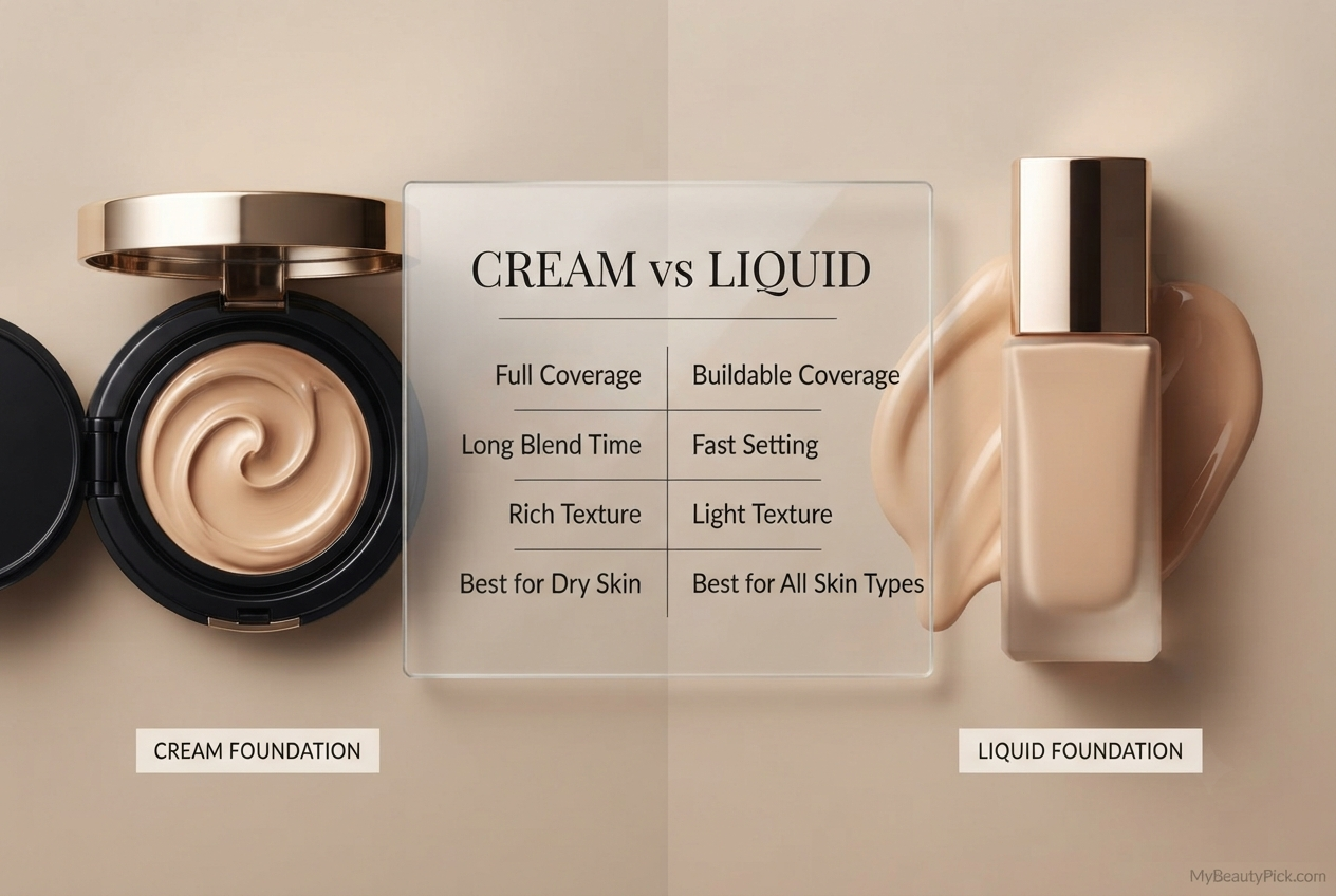 Cream foundation versus liquid foundation comparison: coverage, blend time, texture, and best skin type