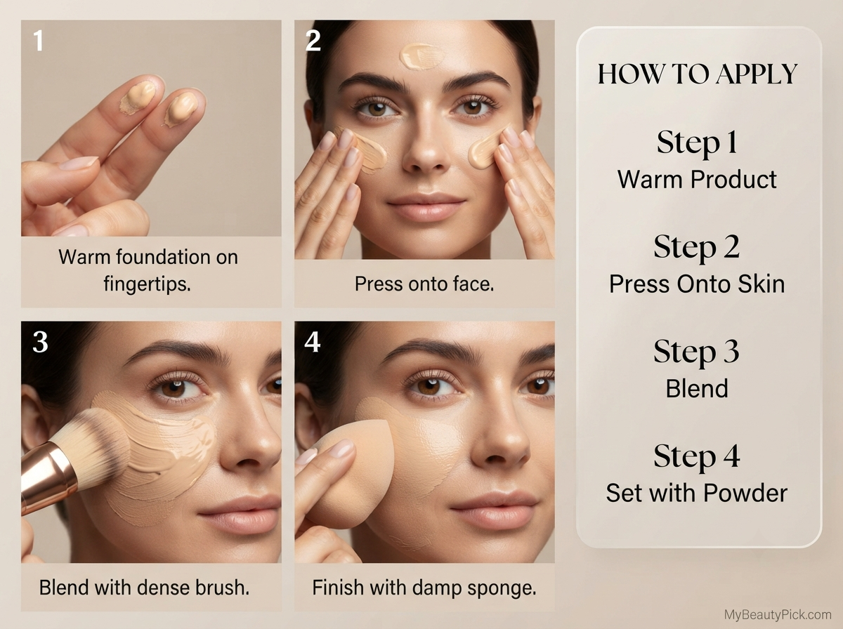 How to apply cream foundation: warm on fingertips, press onto face, blend with brush, finish with damp sponge