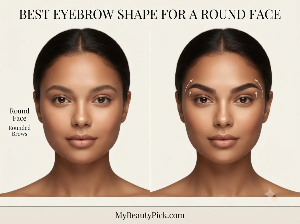 Best Eyebrow Shape for a Round Face: What Creates Length and Definition 2 This beauty infographic depicts a "before vs after" comparison, showing a woman with "Round Face Rounded Brows" on the left and demonstrating the "BEST EYEBROW SHAPE FOR A ROUND FACE" on the right, with white arrows indicating the desired arch and lift for the recommended brow technique.