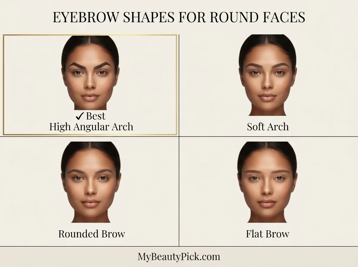 Best Eyebrow Shape for a Round Face: What Creates Length and Definition 3 This infographic depicts and compares four different eyebrow shapes—High Angular Arch, Soft Arch, Rounded Brow, and Flat Brow—specifically for round faces, highlighting the "High Angular Arch" as the best option.