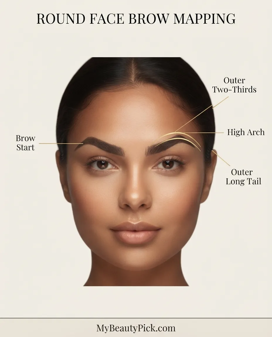 Best Eyebrow Shape for a Round Face: What Creates Length and Definition 4 This beauty infographic illustrates specific brow mapping techniques for a round face, highlighting key points such as the "Brow Start," "Outer Two-Thirds," "High Arch," and "Outer Long Tail" on a model's eyebrow.