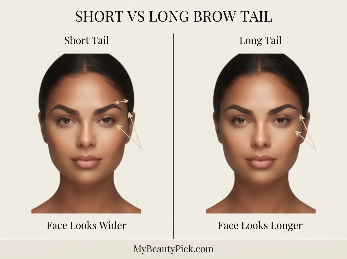 Best Eyebrow Shape for a Round Face: What Creates Length and Definition 5 This beauty infographic depicts a comparison of "Short vs Long Brow Tail," illustrating how a "Short Tail" makes the "Face Looks Wider" on the left, while a "Long Tail" makes the "Face Looks Longer" on the right.