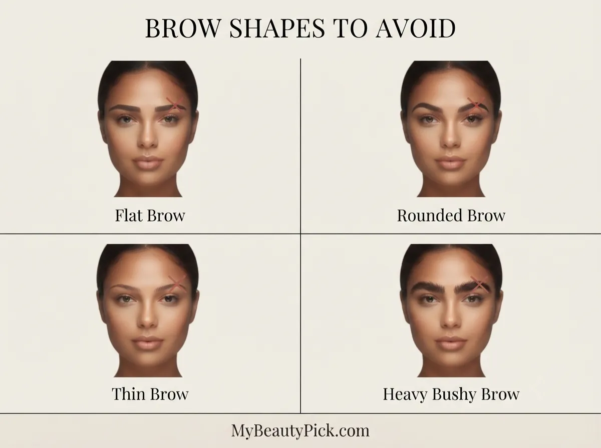 Best Eyebrow Shape for a Round Face: What Creates Length and Definition 6 This beauty infographic depicts four specific "BROW SHAPES TO AVOID" – namely, the Flat Brow, Rounded Brow, Thin Brow, and Heavy Bushy Brow – each illustrated on a woman's face and marked with a red 'X'.