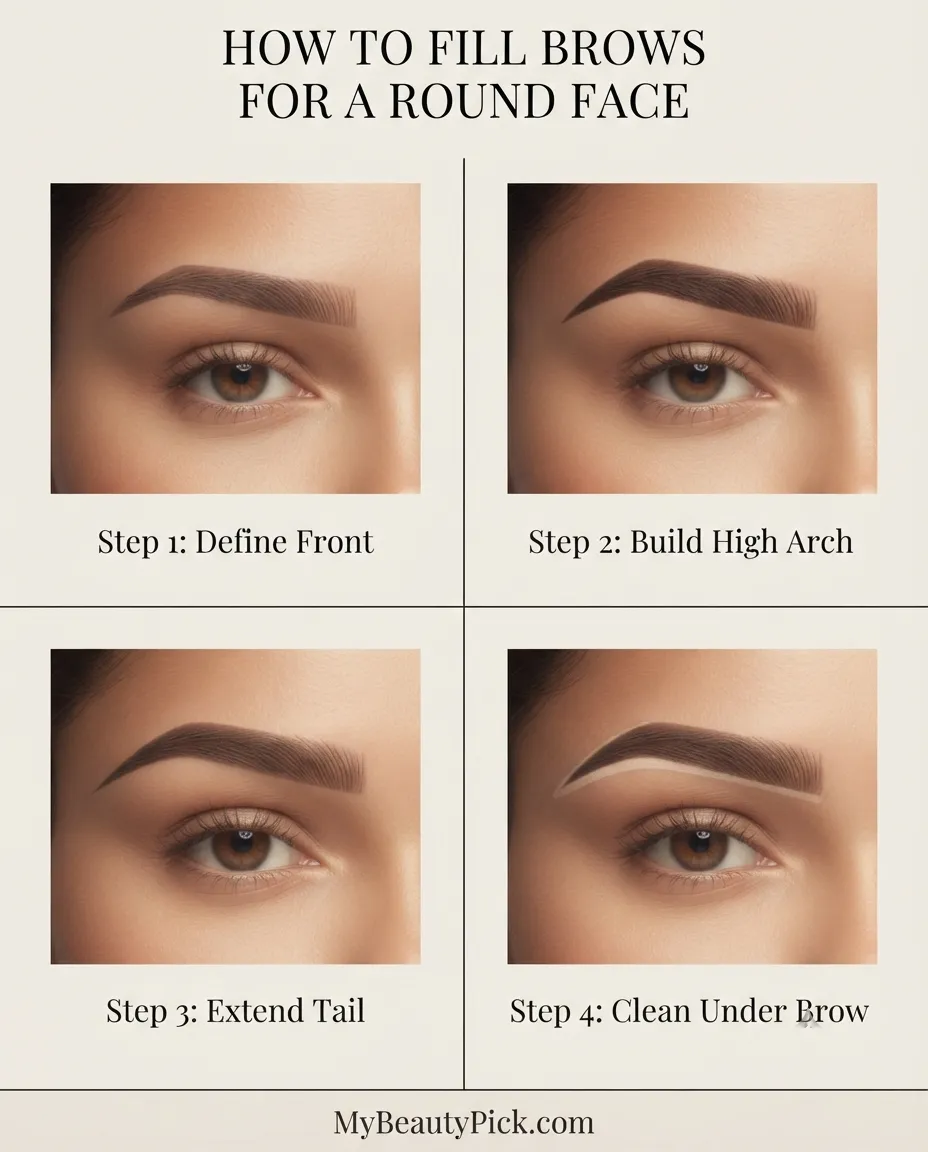 Best Eyebrow Shape for a Round Face: What Creates Length and Definition 7 This beauty infographic depicts a four-step process for filling brows to complement a round face, with each image illustrating a sequential technique: "Step 1: Define Front," "Step 2: Build High Arch," "Step 3: Extend Tail," and "Step 4: Clean Under Brow."