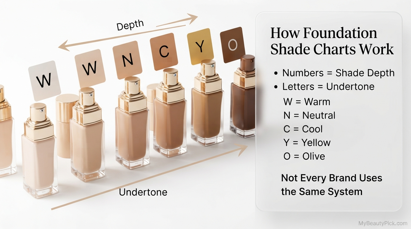 How foundation shade charts work: numbers indicate depth, letters indicate undertone (W, N, C, Y, O)