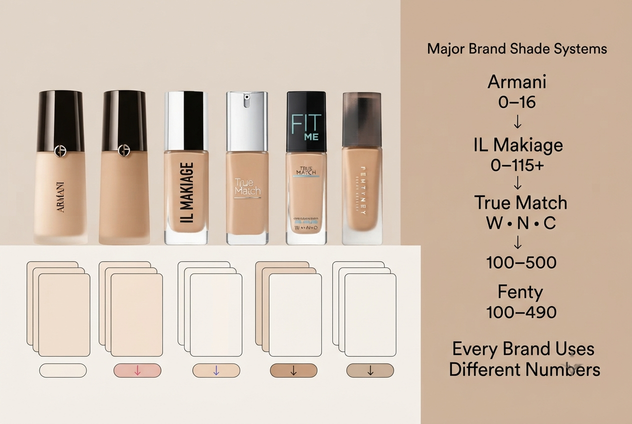 Comparison of major foundation brand shade systems: Armani, IL Makiage, L'Oreal True Match, and Fenty Beauty