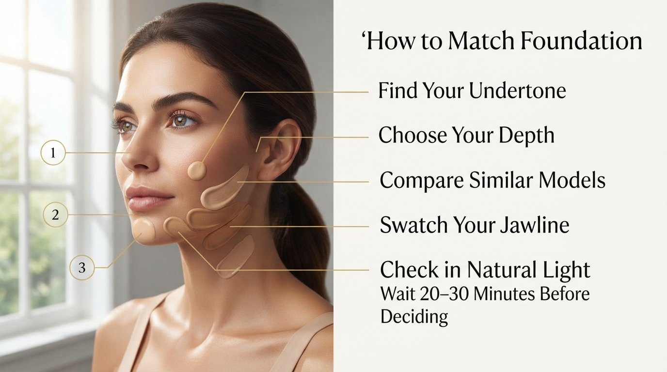 How to match foundation shade step by step: find undertone, choose depth, compare similar models, swatch your jawline, check in natural light