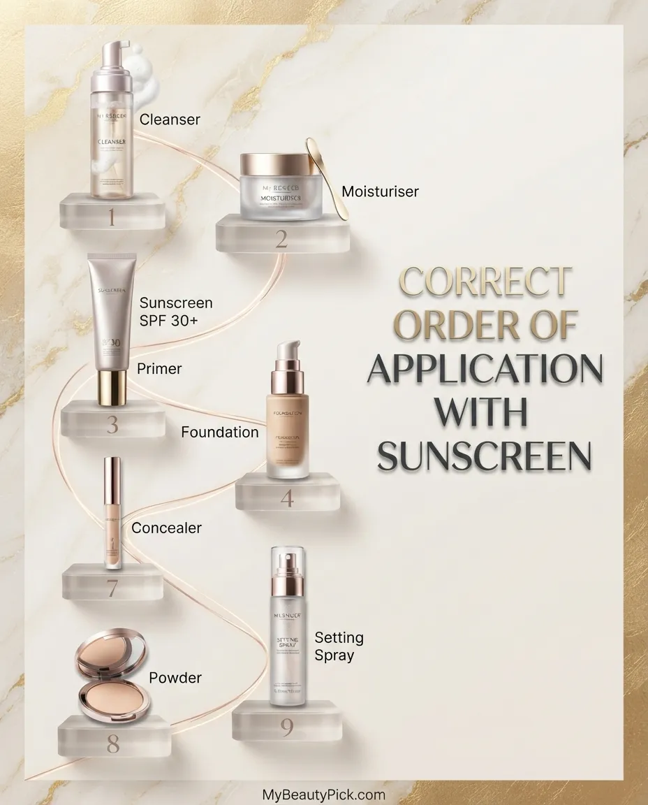 Correct order of skincare and makeup application with sunscreen