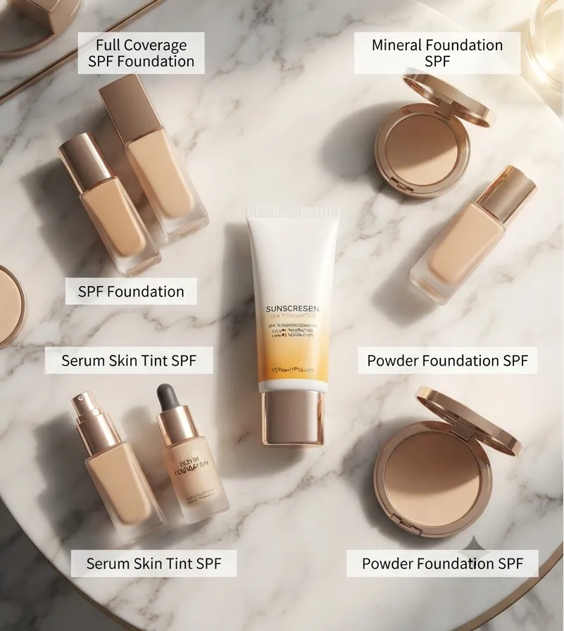 Types of foundation with SPF: full coverage, mineral, powder, and serum skin tint SPF