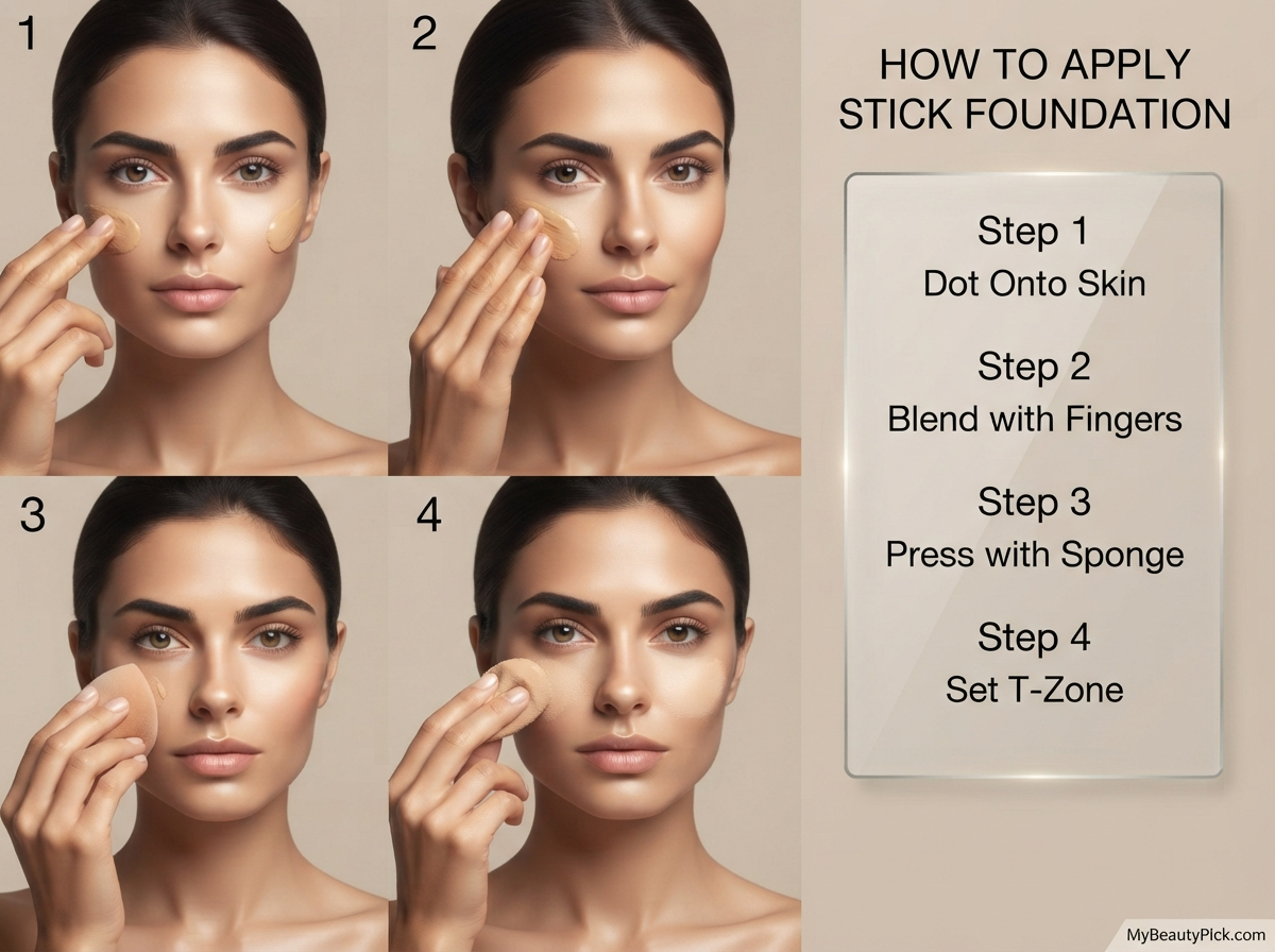 How to apply stick foundation: dot onto skin, blend with fingers, press with sponge, set the T-zone