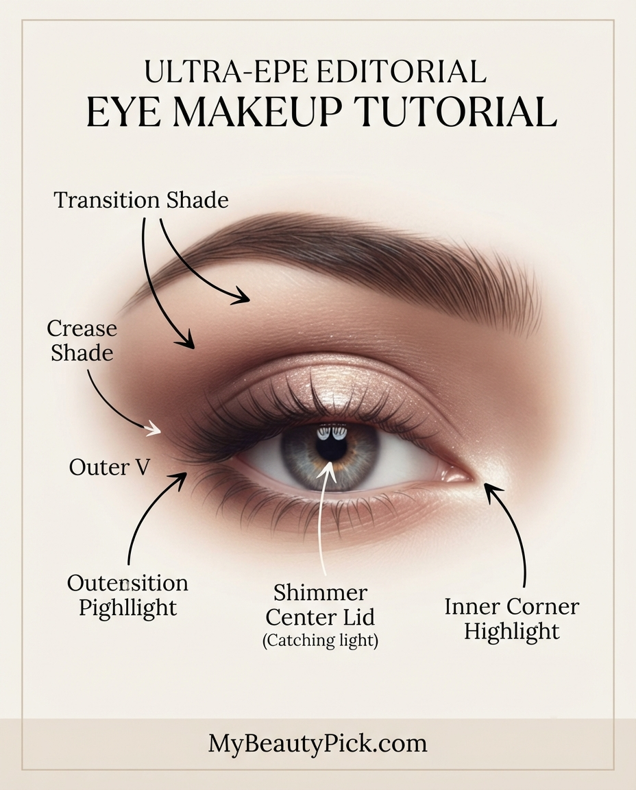 Makeup for Almond Eyes: Why Most Techniques Work and Which Flatter Most 3 Eye makeup tutorial placement for almond eyes: transition shade, crease shade, outer V, shimmer center lid, inner corner highlight