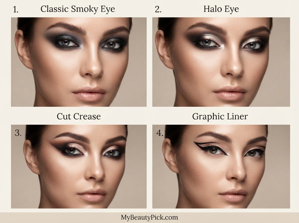 Makeup for Almond Eyes: Why Most Techniques Work and Which Flatter Most 4 Flattering eyeshadow looks for almond eyes: classic smoky eye, halo eye, cut crease, graphic liner