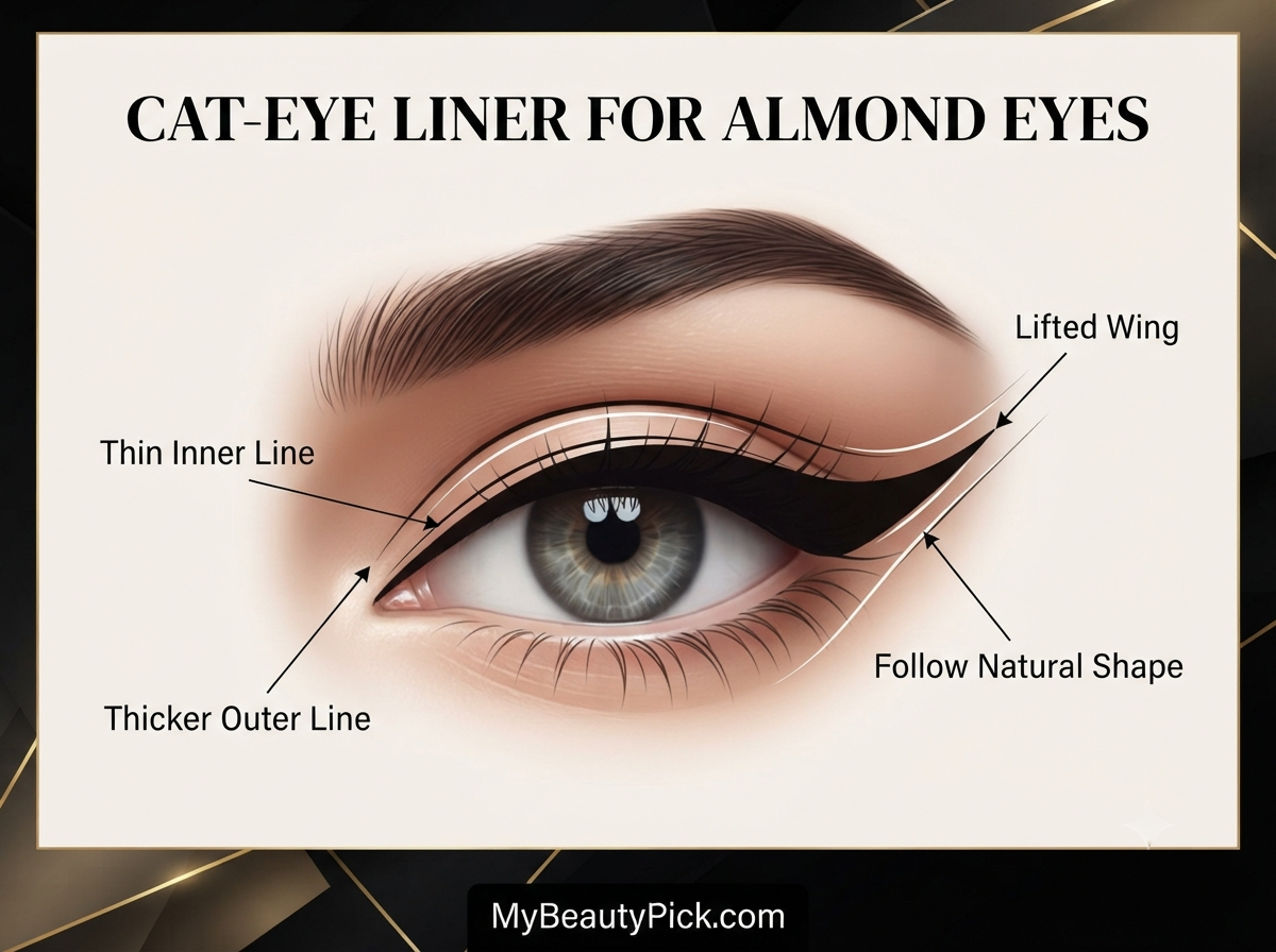 Makeup for Almond Eyes: Why Most Techniques Work and Which Flatter Most 5 Cat-eye liner for almond eyes: thin inner line, thicker outer line, lifted wing, following natural shape