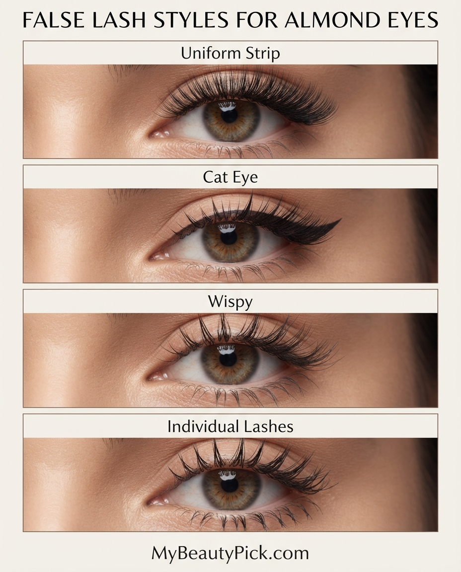Makeup for Almond Eyes: Why Most Techniques Work and Which Flatter Most 7 False lash styles for almond eyes: uniform strip, cat eye, wispy, individual lashes
