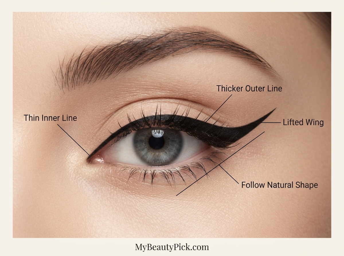 Makeup for Almond Eyes: Why Most Techniques Work and Which Flatter Most 6 Cat-eye liner detail for almond eyes: thin inner line, thicker outer line, lifted wing