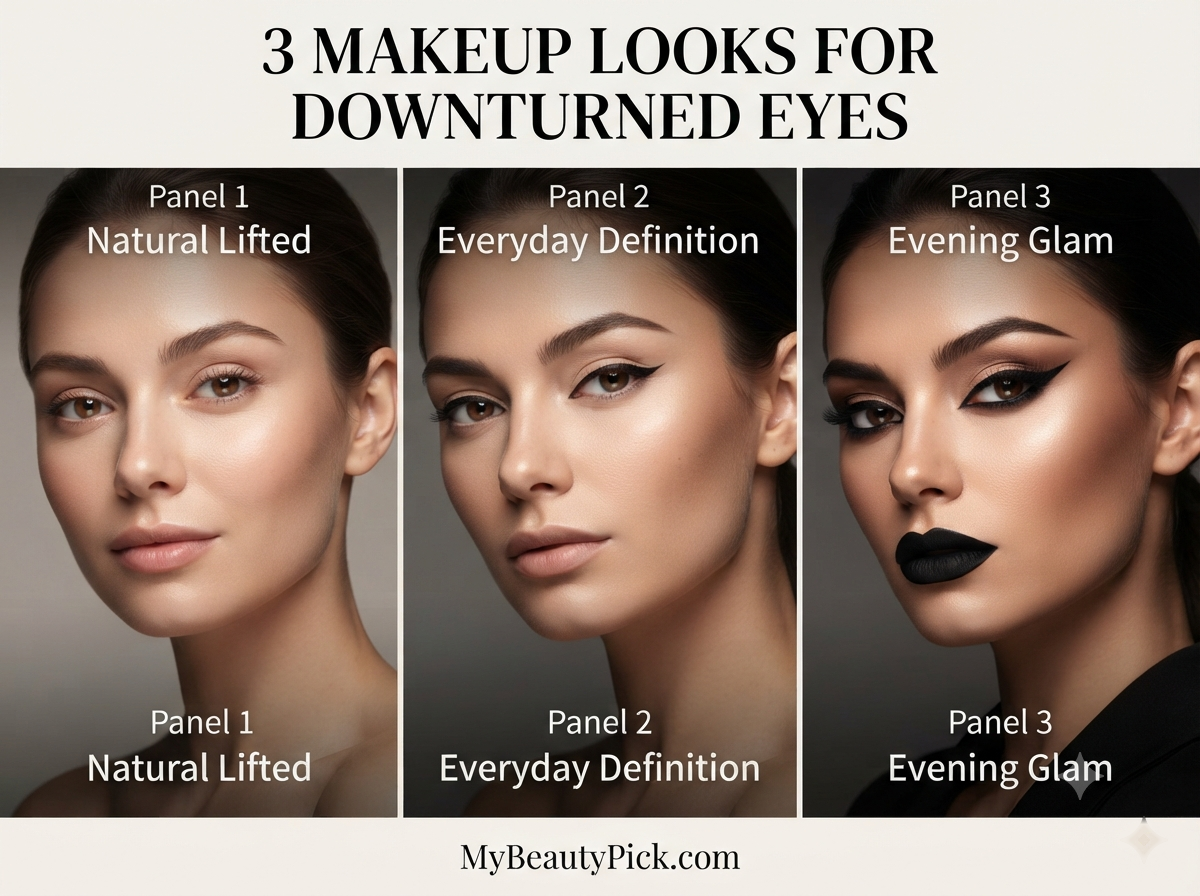 Makeup for Downturned Eyes: Lifting Liner and Shadow Placement 7 3 makeup looks for downturned eyes: natural lifted, everyday definition, evening glam
