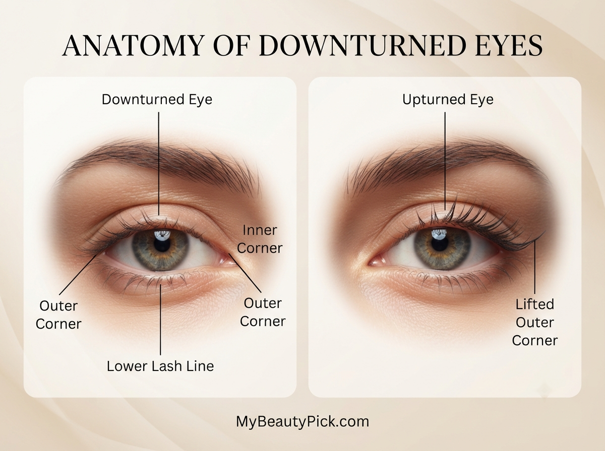 Makeup for Downturned Eyes: Lifting Liner and Shadow Placement 2 Anatomy of downturned eyes compared to upturned eyes