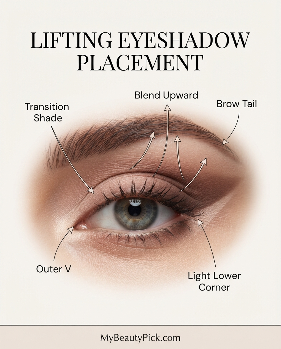 Makeup for Downturned Eyes: Lifting Liner and Shadow Placement 3 Lifting eyeshadow placement: transition shade, blend upward, brow tail, outer V, light lower corner