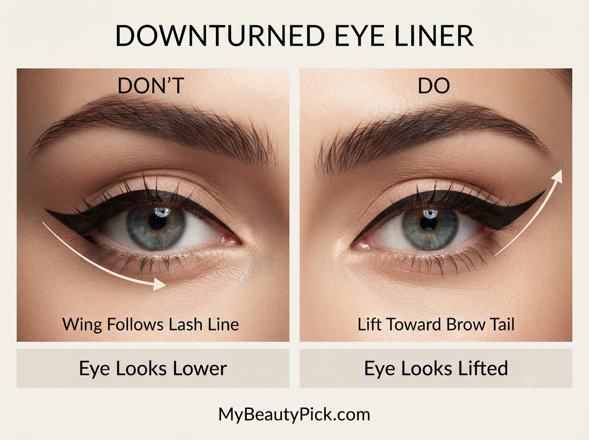 Makeup for Downturned Eyes: Lifting Liner and Shadow Placement 4 Downturned eye liner: don't versus do, lift toward brow tail