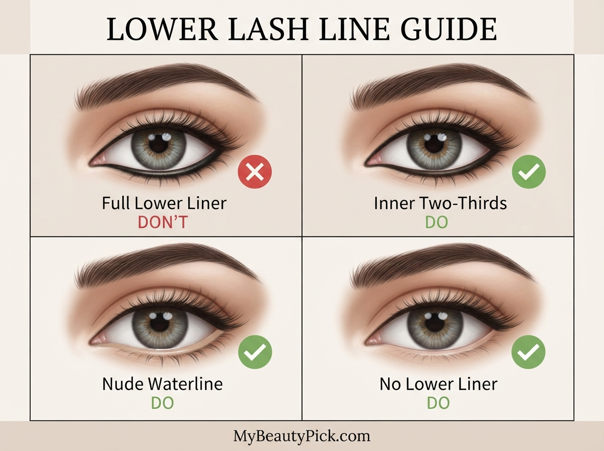 Makeup for Downturned Eyes: Lifting Liner and Shadow Placement 5 Lower lash line guide: full lower liner versus inner two-thirds, nude waterline, no lower liner