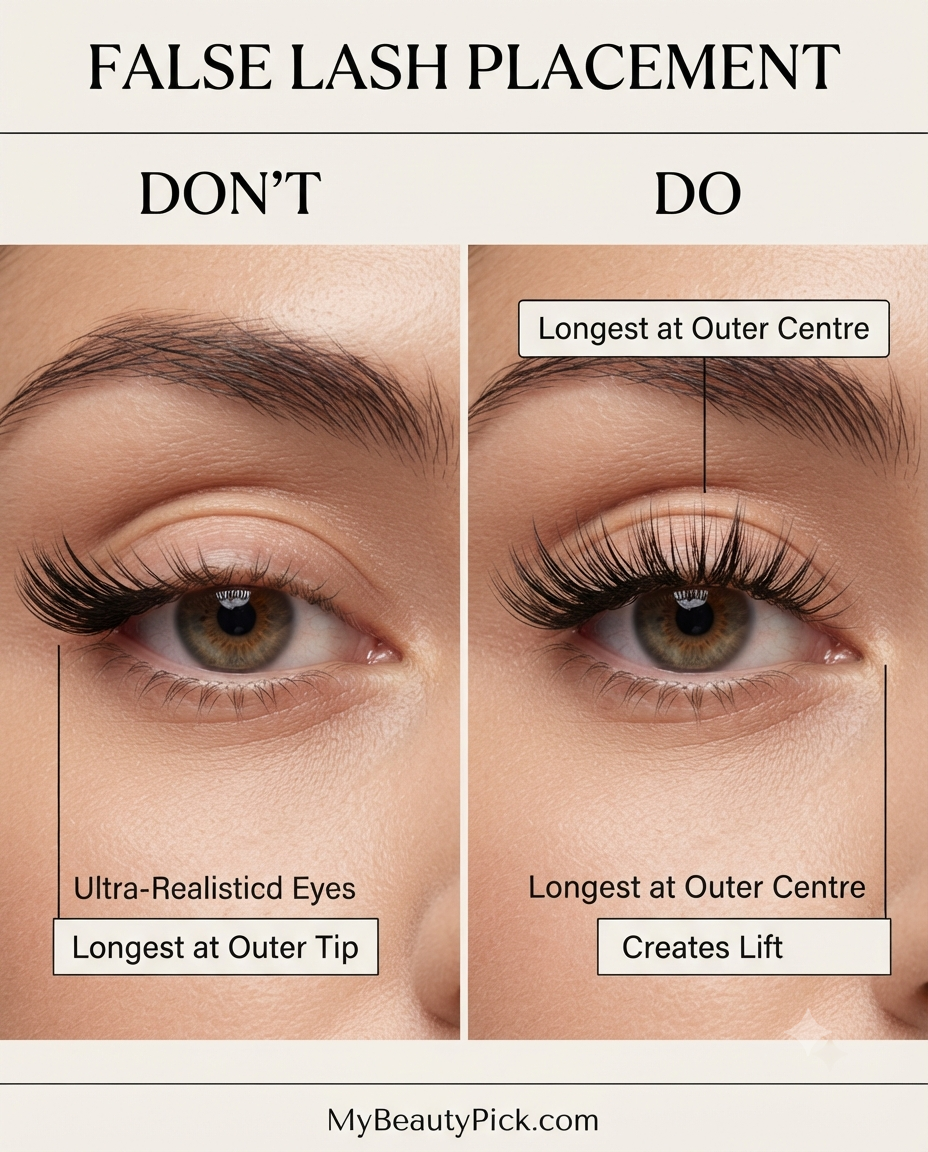 Makeup for Downturned Eyes: Lifting Liner and Shadow Placement 6 False lash placement: longest at outer tip versus longest at outer centre for lift