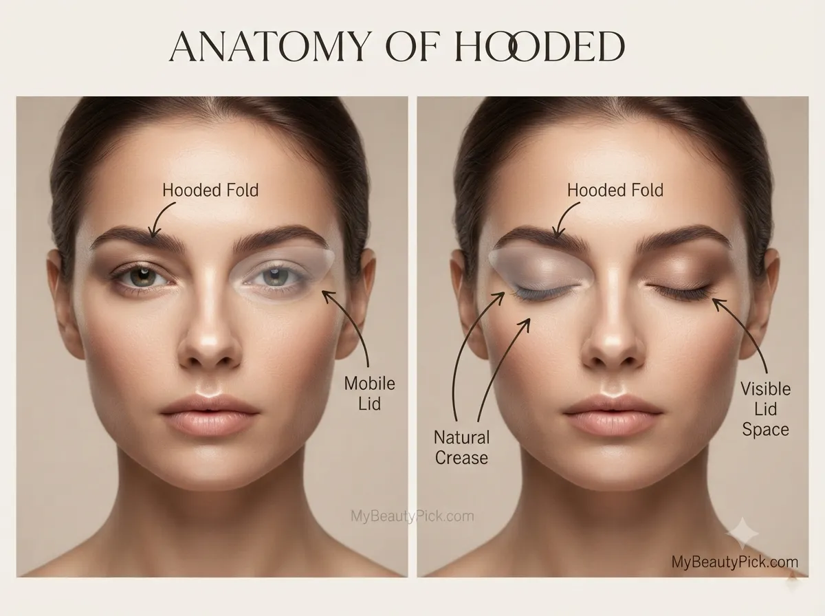 Anatomy of hooded eyes: hooded fold, mobile lid, natural crease, visible lid space