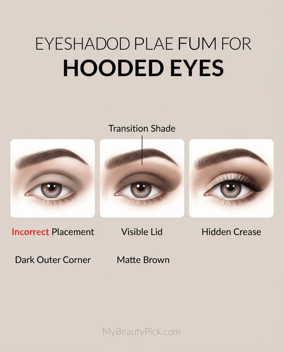 Eyeshadow placement for hooded eyes: incorrect placement versus visible lid and hidden crease techniques