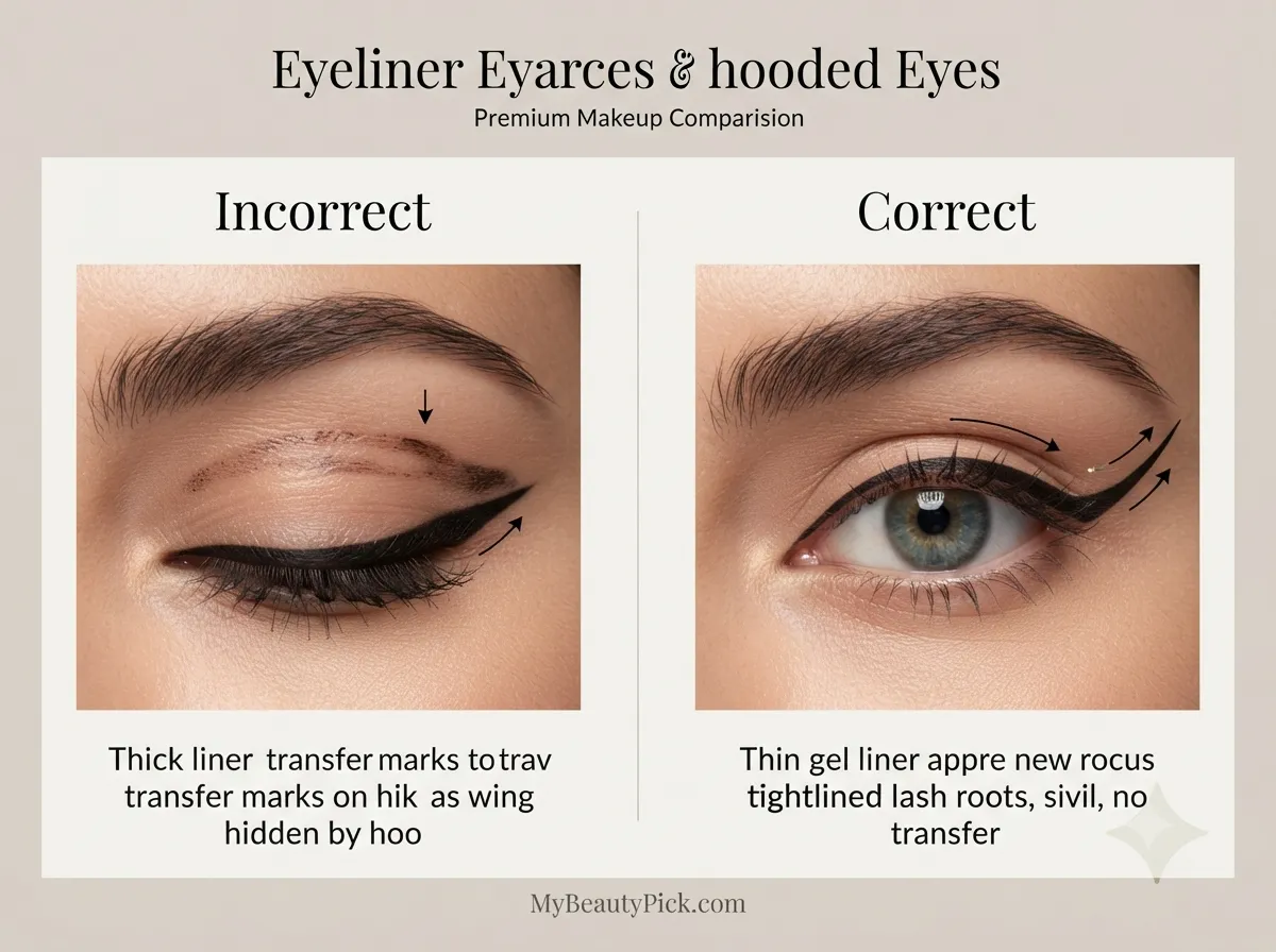 Eyeliner techniques for hooded eyes: incorrect thick liner versus correct thin gel liner