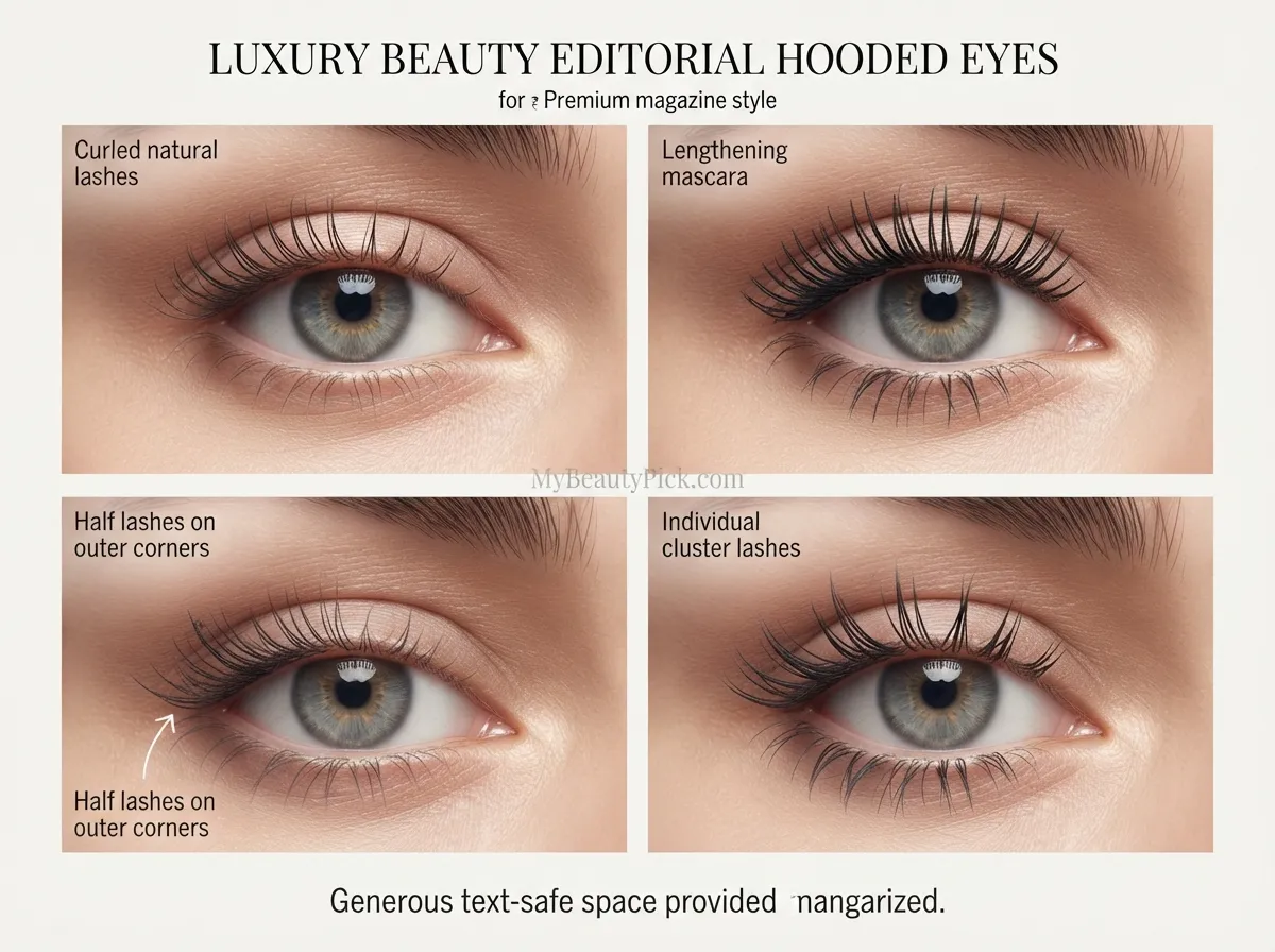 Lash styles for hooded eyes: curled natural lashes, lengthening mascara, half lashes, individual cluster lashes